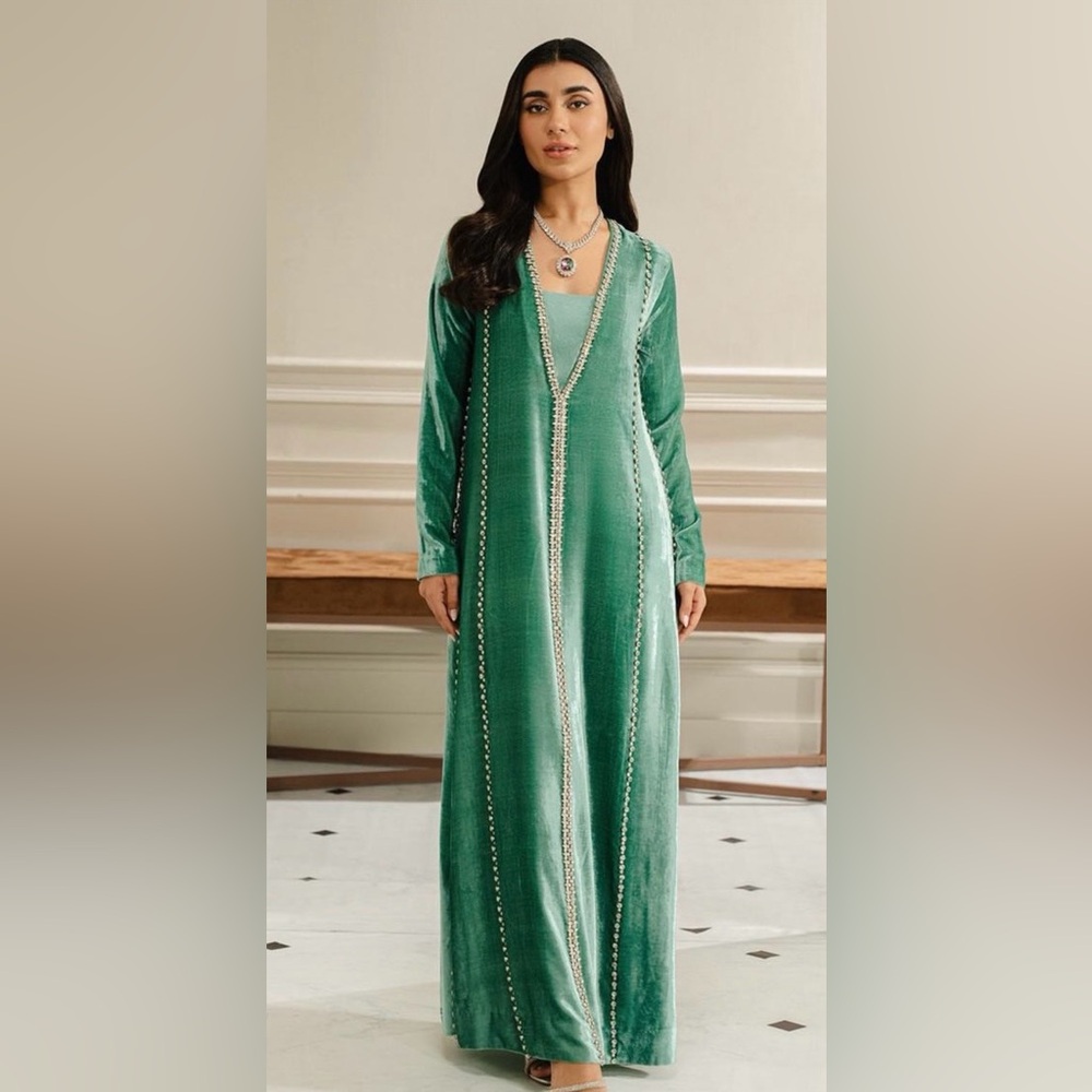 Gorgeous Teal Green Velvet Dress with Crystal Embellishments & Coordinated Pants